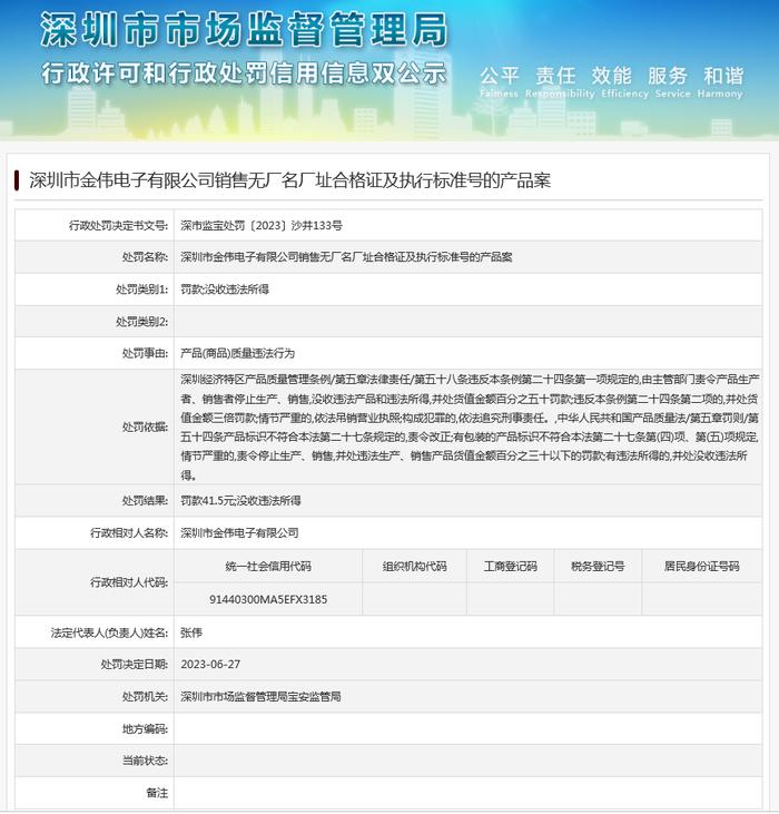 深圳市金伟电子有限公司销售无厂名厂址合格证及执行标准号的产品案