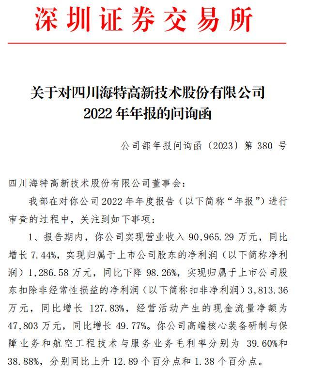 归属于上市公司股东的净利润同比下降近100% 海特高新年报遭问询