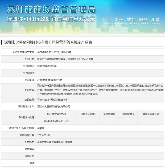 深圳市火星猪网络科技有限公司经营不符合规定产品案