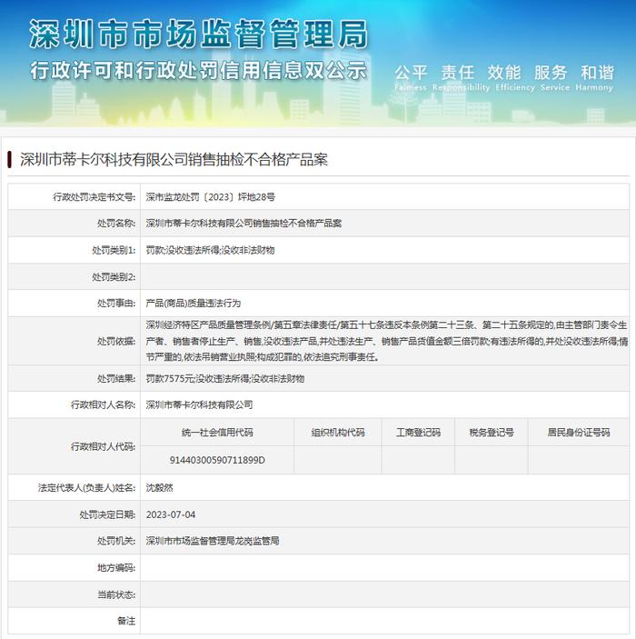 深圳市蒂卡尔科技有限公司销售抽检不合格产品案