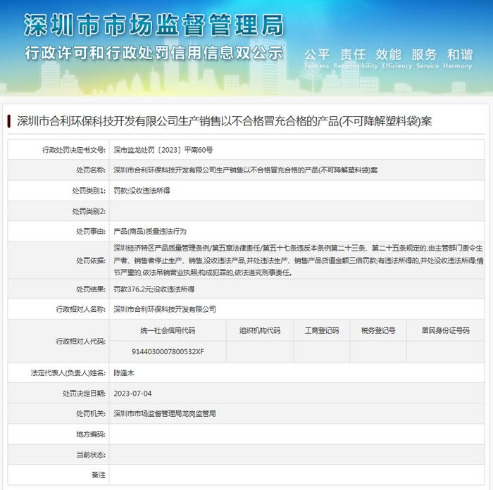 深圳市合利环保科技开发有限公司生产销售以不合格冒充合格的产品（不可降解塑料袋）案