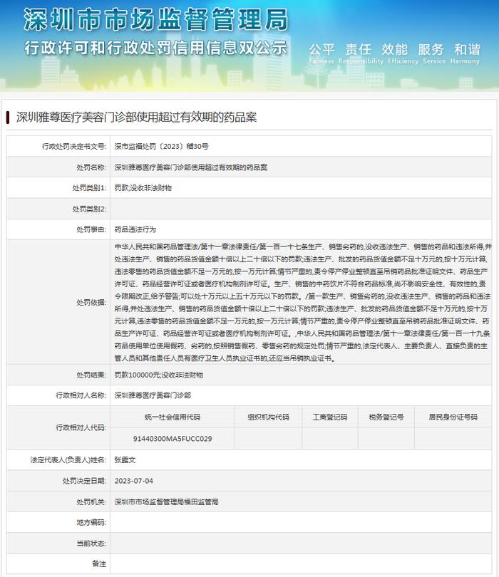 深圳雅尊医疗美容门诊部使用超过有效期的药品案