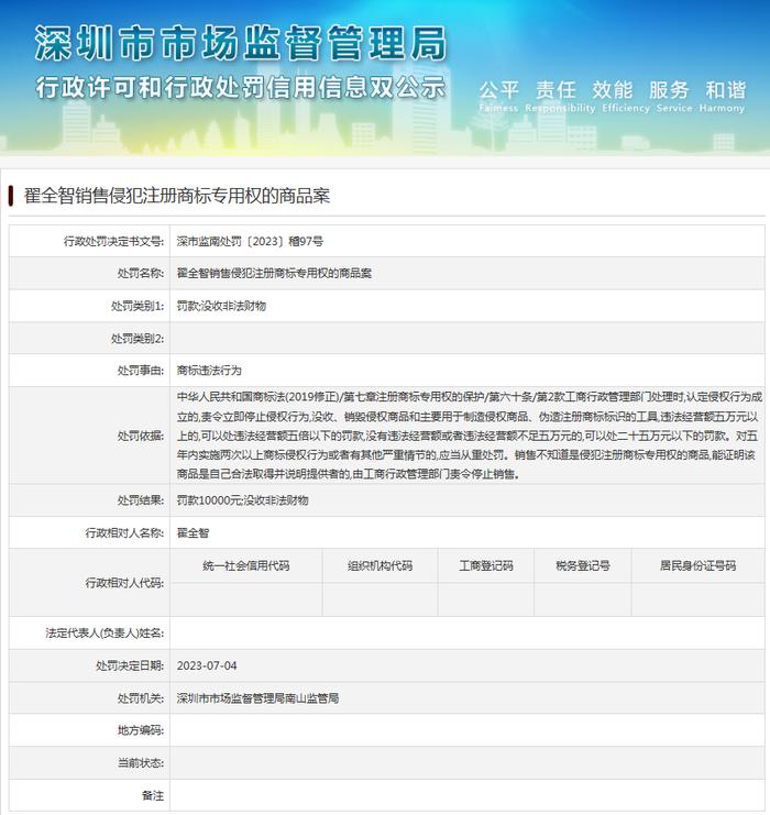 深圳市市场监督管理局南山监管局发布一起销售侵犯注册商标专用权的商品案