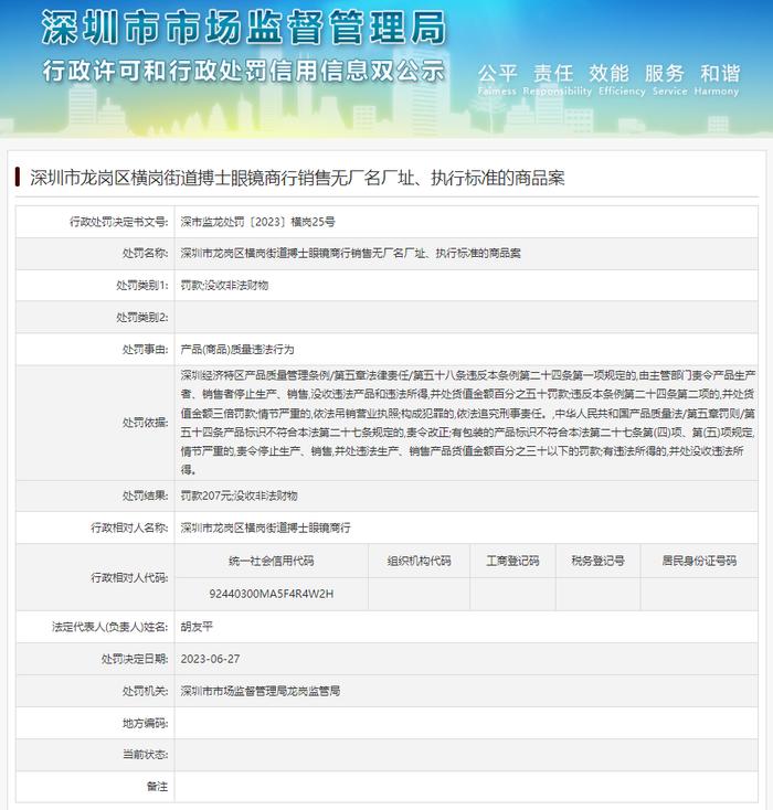 深圳市龙岗区横岗街道搏士眼镜商行销售无厂名厂址、执行标准的商品案