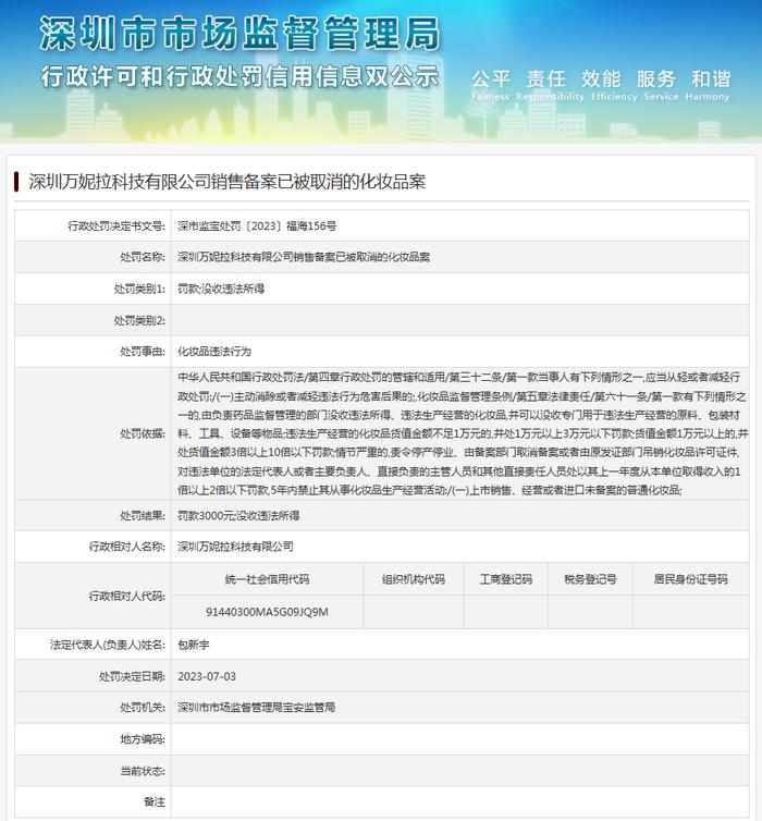 深圳万妮拉科技有限公司销售备案已被取消的化妆品案