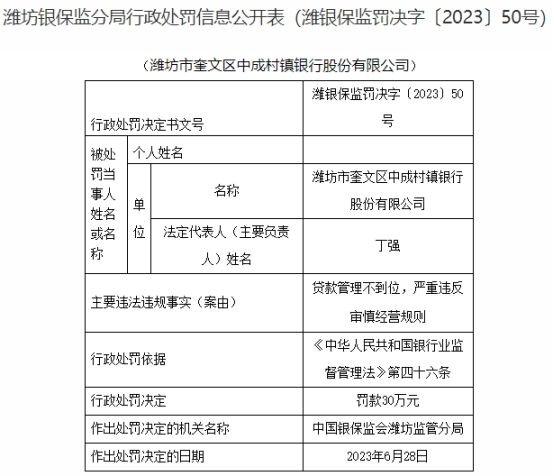 潍坊市奎文区中成村镇银行被罚 大股东为成都农商行