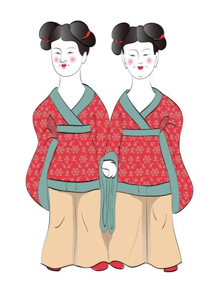 (魏晋时期少女一般梳双髻),手牵手,笑盈盈(《汉服藏美录》内文插图)。