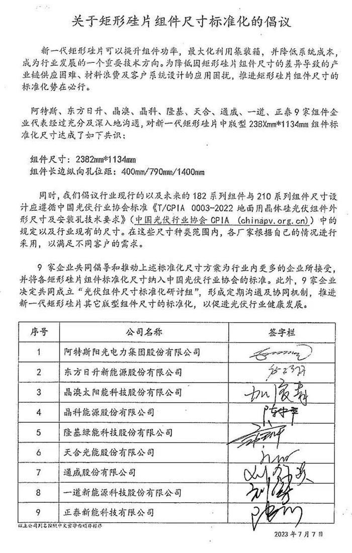 敲定了！9家光伏组件企业联合官宣：新一代矩形硅片中版型组件将采用标准化尺寸