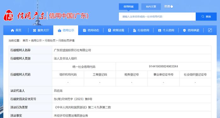 未经许可经营出境旅游业务 广东宏途国际旅行社有限公司被罚