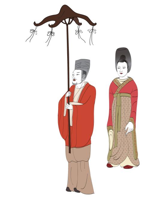 戴笼冠的侍从,依据河北省磁县北朝墓出土壁画绘制。此侍从头戴笼冠,身穿朱衣,下着大口袴(《汉服藏美录》内文插图)。