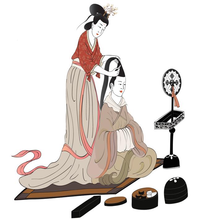 《女史箴图》中的第四段画面:梳妆图,东晋绢本绘画,唐代摹本,现藏于大英博物馆(《汉服藏美录》内文插图)。