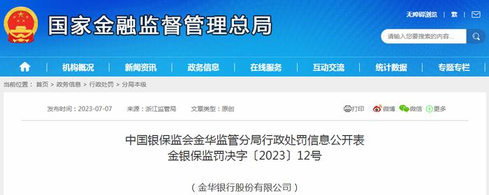 中国银保监会金华监管分局行政处罚信息公开表 金银保监罚决字〔2023〕12号