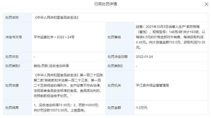 平江县田良君食品有限公司所产辣肠皮重金属超标