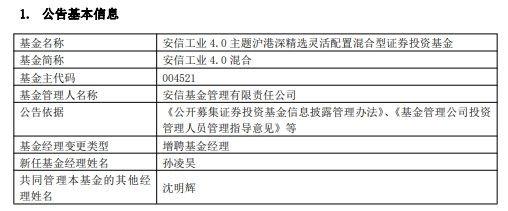 安信工业4.0混合增聘基金经理孙凌昊