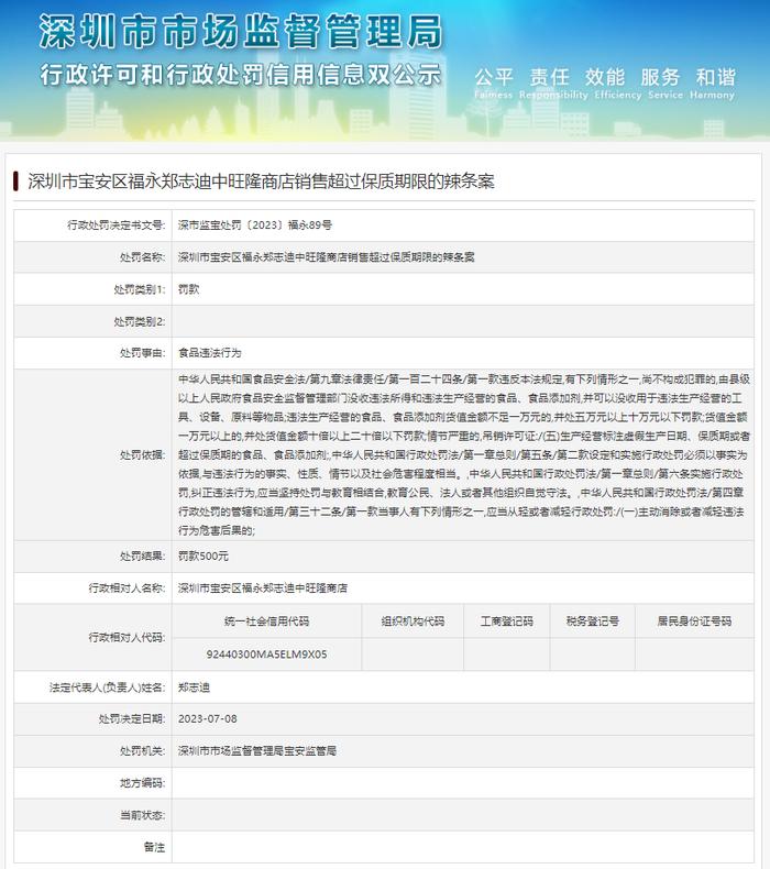 深圳市宝安区福永郑志迪中旺隆商店销售超过保质期限的辣条案