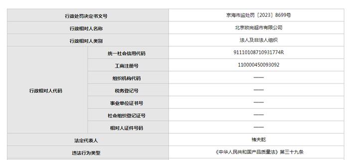 北京欧尚超市所售一款商品抽检不合格被处罚