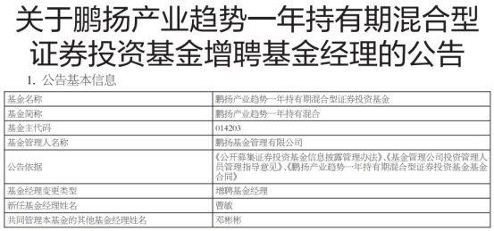 鹏扬产业趋势一年持有混合增聘曹敏 累计跌26%