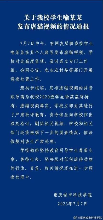 重庆一高校虐猫学生已送医做抑郁症鉴定 心理学专家：存在心理扭曲，是否为抑郁症还需专业判定