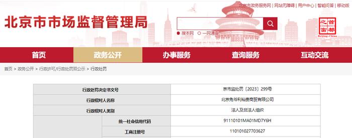 北京兔爷利裕贵商贸有限公司被罚款2000元