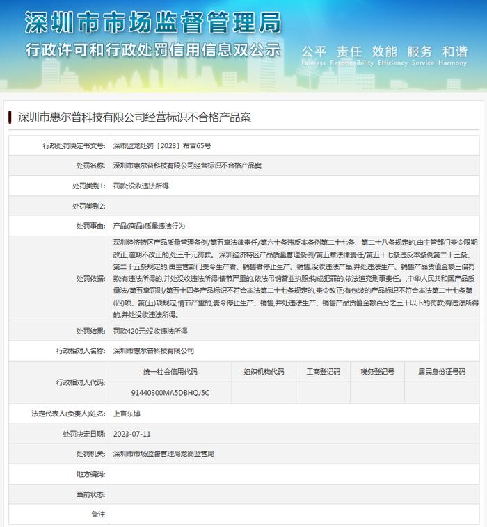 深圳市惠尔普科技有限公司经营标识不合格产品案