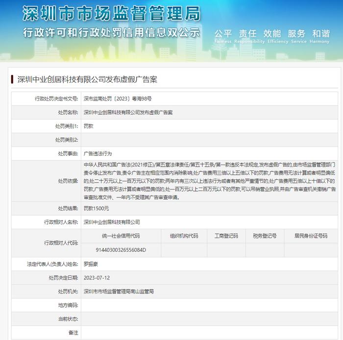 深圳中业创居科技有限公司发布虚假广告案