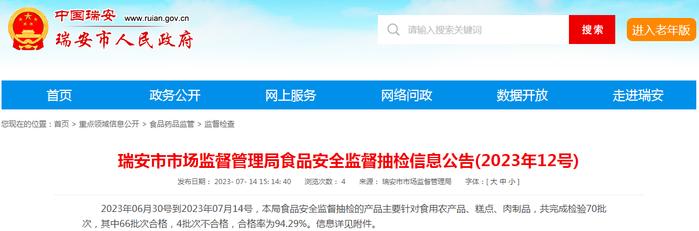 浙江省瑞安市市场监管局抽检食品70批次  不合格4批次