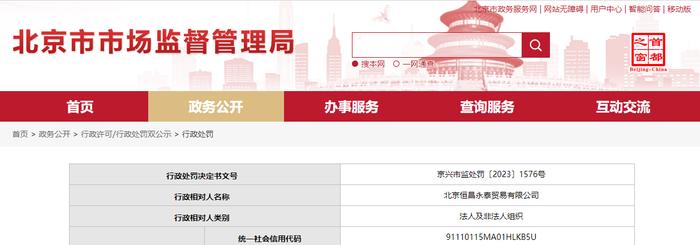 关于北京恒昌永泰贸易有限公司的行政处罚信息（京兴市监处罚〔2023〕1576号）