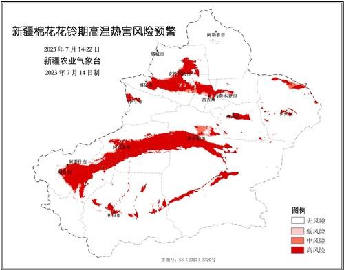 预计7月14日至21日持续的高温天气对全疆大部棉花花铃生长有不利影响