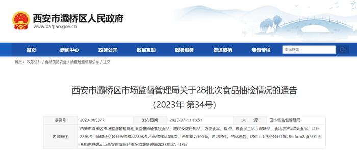 西安市灞桥区市场监督管理局关于28批次食品抽检情况的通告（2023年第34号）