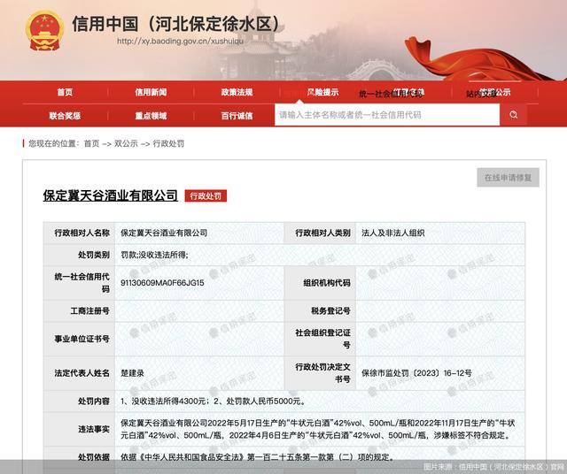 冀天谷酒业3批次产品标签不合规被罚5000元