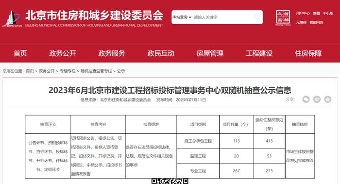 2023年6月北京市建设工程招标投标管理事务中心双随机抽查公示信息