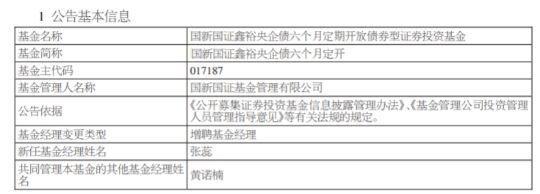 国新国证基金2只债基增聘基金经理张蕊