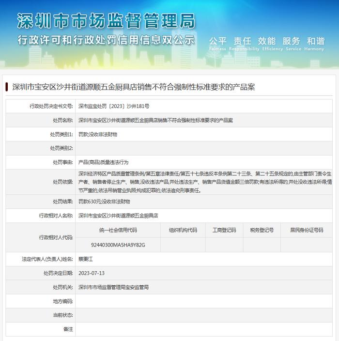 深圳市宝安区沙井街道源顺五金厨具店销售不符合强制性标准要求的产品案