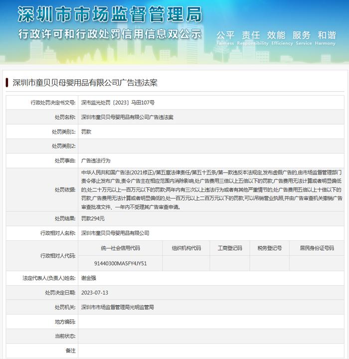 深圳市童贝贝母婴用品有限公司广告违法案