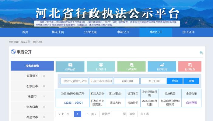 违法占地  石家庄市交建高速公路建设管理有限公司被罚101.822万元