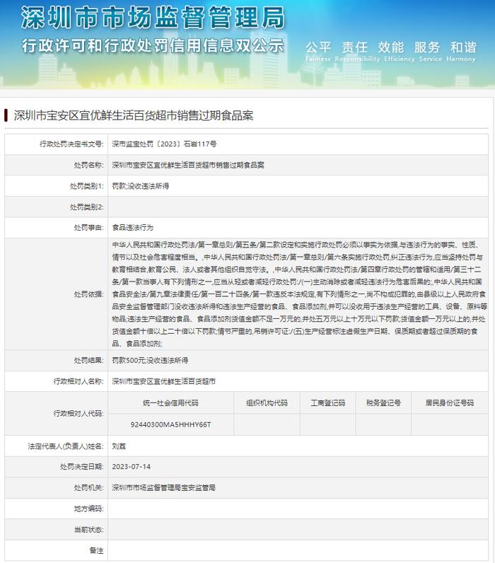 深圳市宝安区宜优鲜生活百货超市销售过期食品被处罚