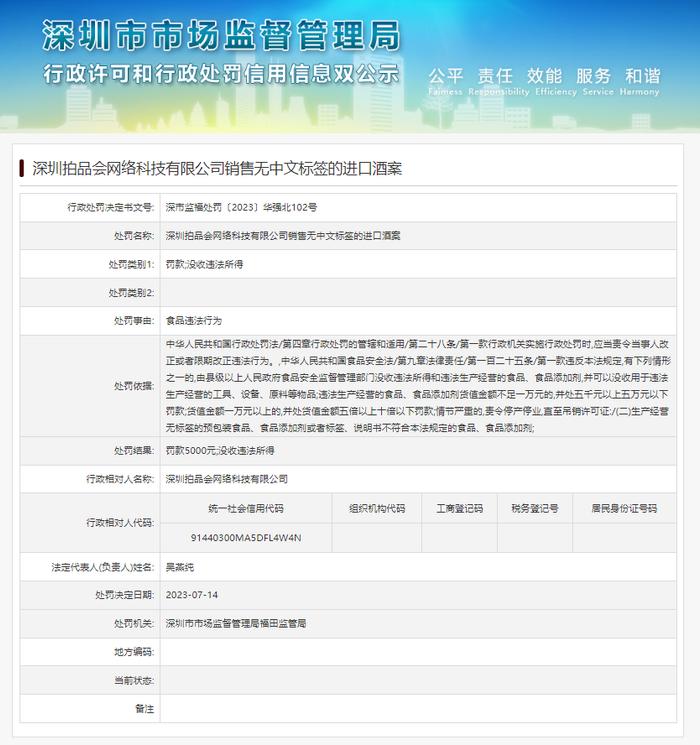 深圳拍品会网络科技有限公司销售无中文标签的进口酒被处罚