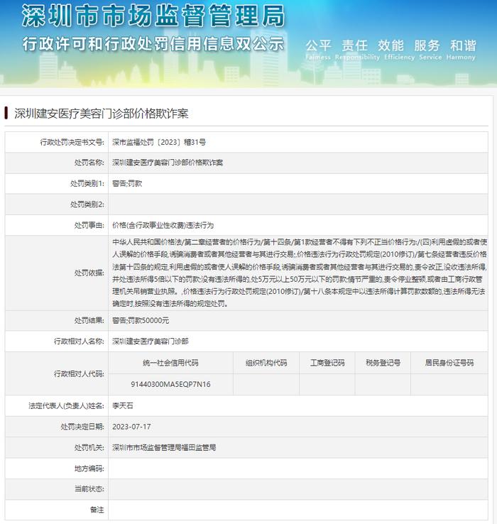 深圳建安医疗美容门诊部价格欺诈案