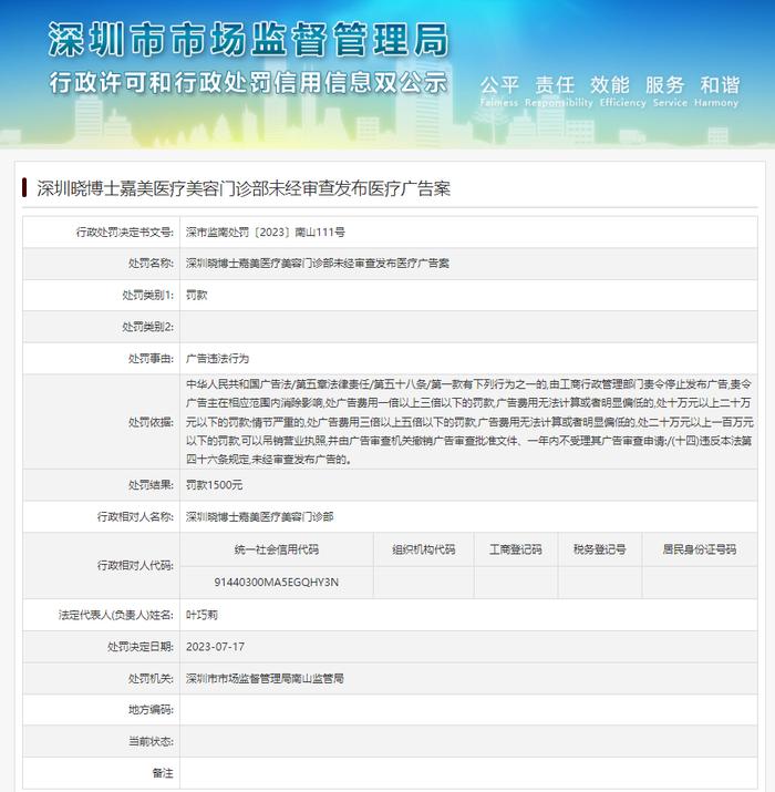 深圳晓博士嘉美医疗美容门诊部未经审查发布医疗广告案