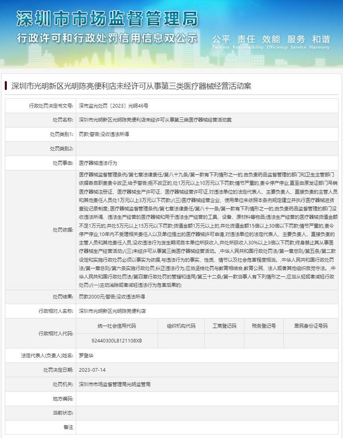 深圳市光明新区光明陈亮便利店未经许可从事第三类医疗器械经营活动案