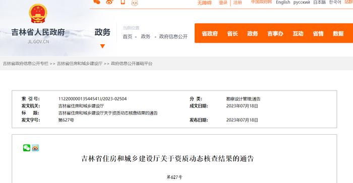 吉林省住房和城乡建设厅关于资质动态核查结果的通告