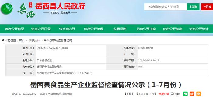 安徽省岳西县食品生产企业监督检查情况公示（1-7月份）