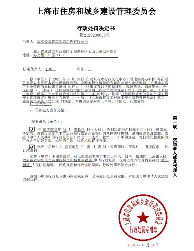 对武汉凌云建筑装饰工程有限公司的行政处罚决定书