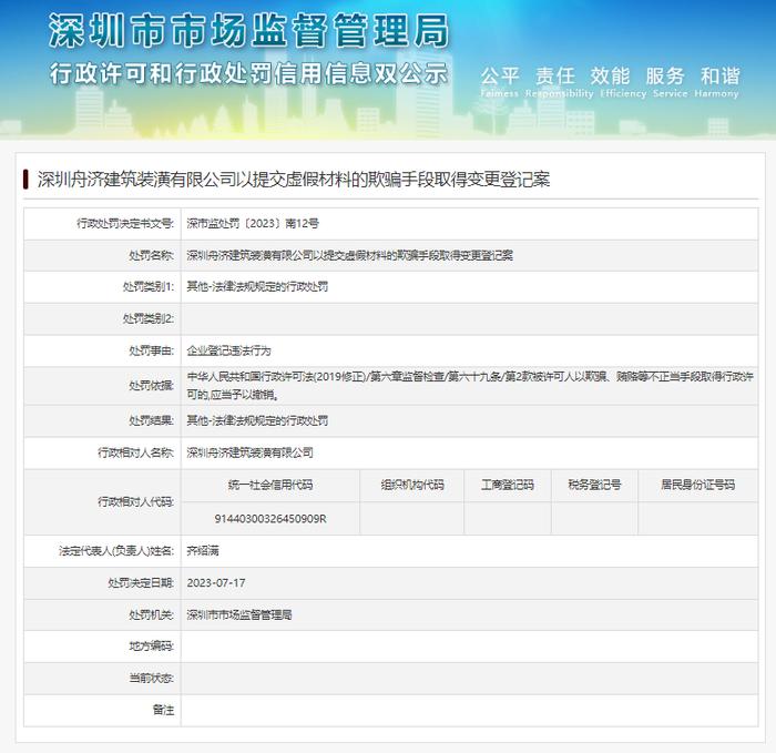 深圳舟济建筑装潢有限公司以提交虚假材料的欺骗手段取得变更登记案