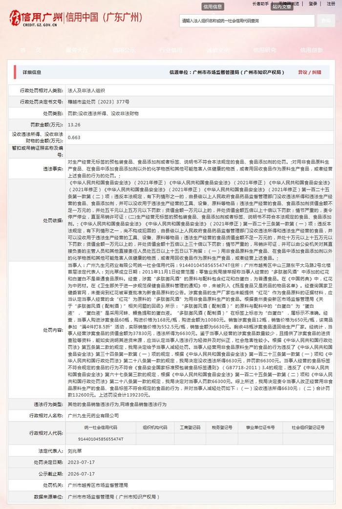 广州市越秀区市场监督管理局对广州九生元药业有限公司作出行政处罚