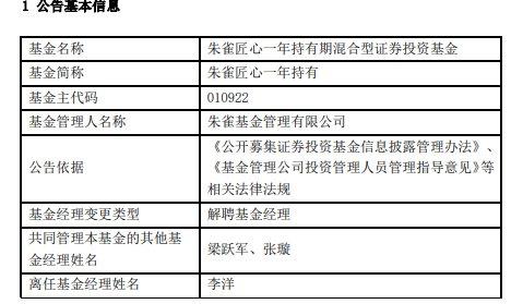 朱雀基金李洋离任2只混基 目前均亏损