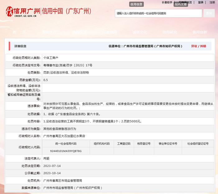 广州市番禺区市场监督管理局对广州市番禺区大石加里红水果店作出行政处罚