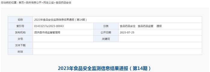 江苏省泗洪县市场监管局2023年食品安全监测信息结果通报（第14期）