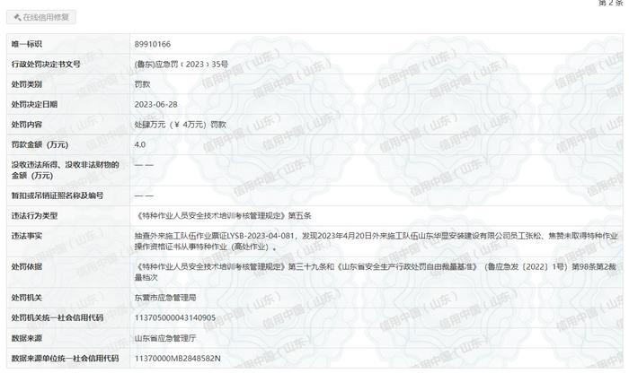 山东华显安装建设有限公司施工工地存在事故隐患被罚6000元