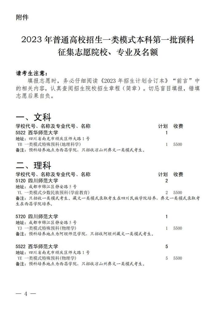 2023四川高招普通高校一类模式本科第一批预科未完成计划院校征集志愿